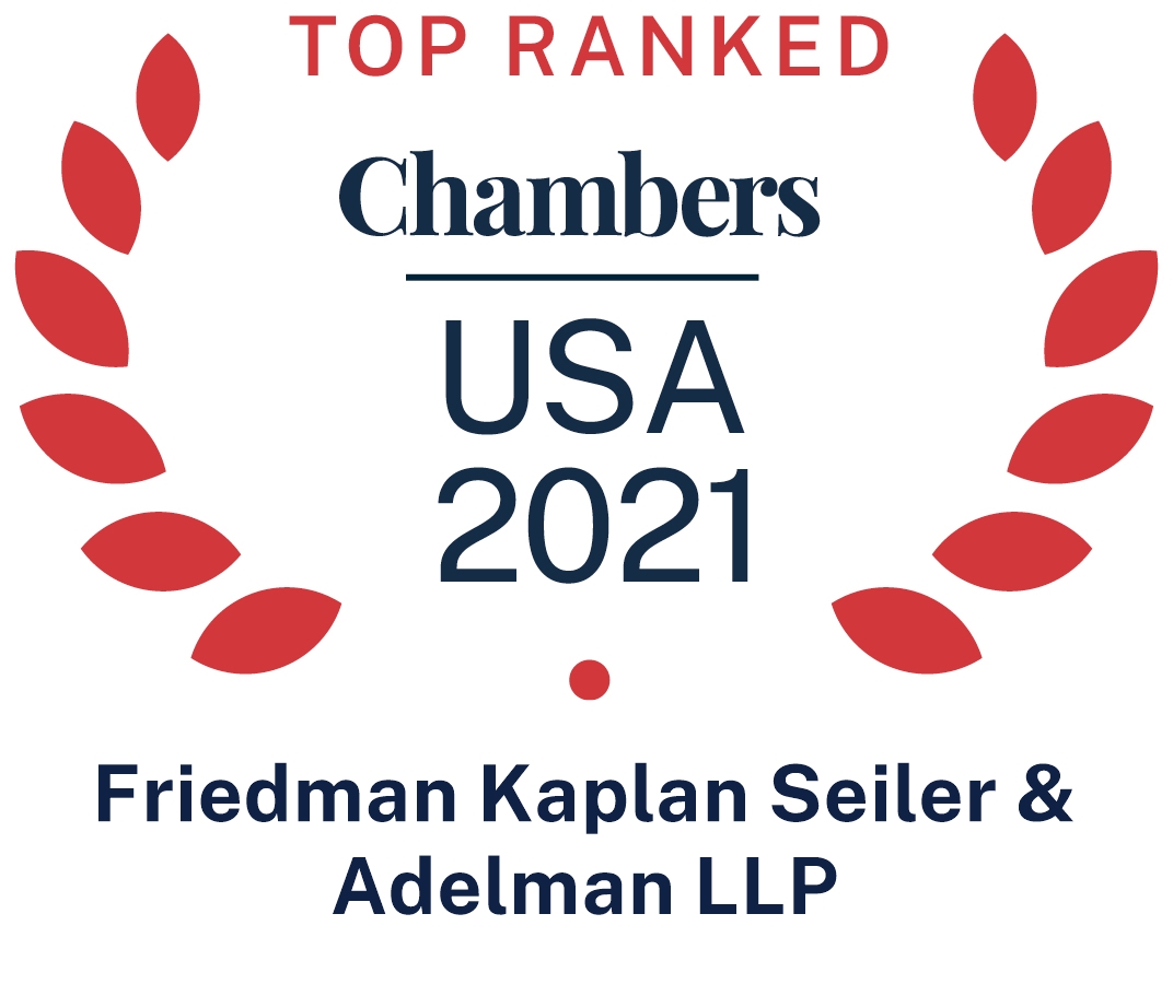 Logo that reads "Top Ranked Chambers USA 2021 Friedman Kaplan Seiler & Adelman LLP" with red leaves surrounding both sides 