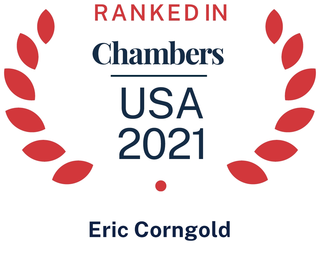 Logo reads "Top Ranked Chambers USA 2021 Eric Corngold" with red leaves surrounding the words  