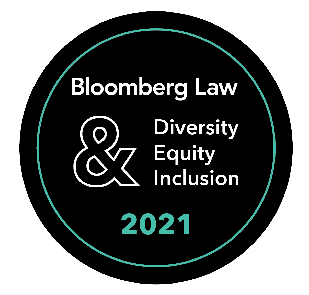 Black Circle with Green Circle Outlined Inside. Text Reads, "Bloomberg Law Diversity, Equity, & Inclusion 2021"