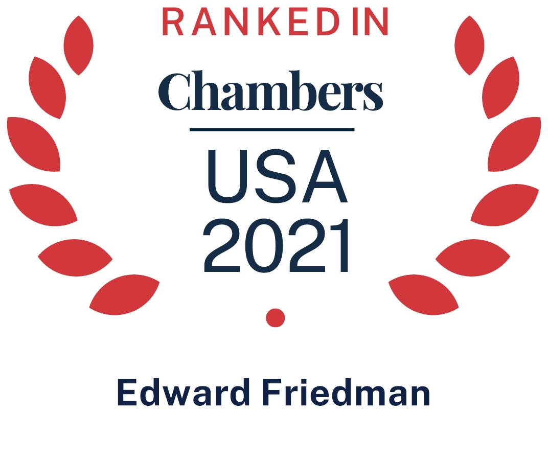 Logo reads "Top Ranked Chambers USA 2021 Edward Friedman" with red leaves surrounding the words