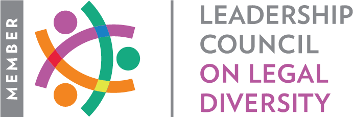 Logo that reads "Leadership Council on Legal Diversity on left side with gray bar that says "Member" on right side. Graphic in middle has three dots and parentheses shaped lines in orange, purple, and green that resembles three people joining arms in a huddle. 