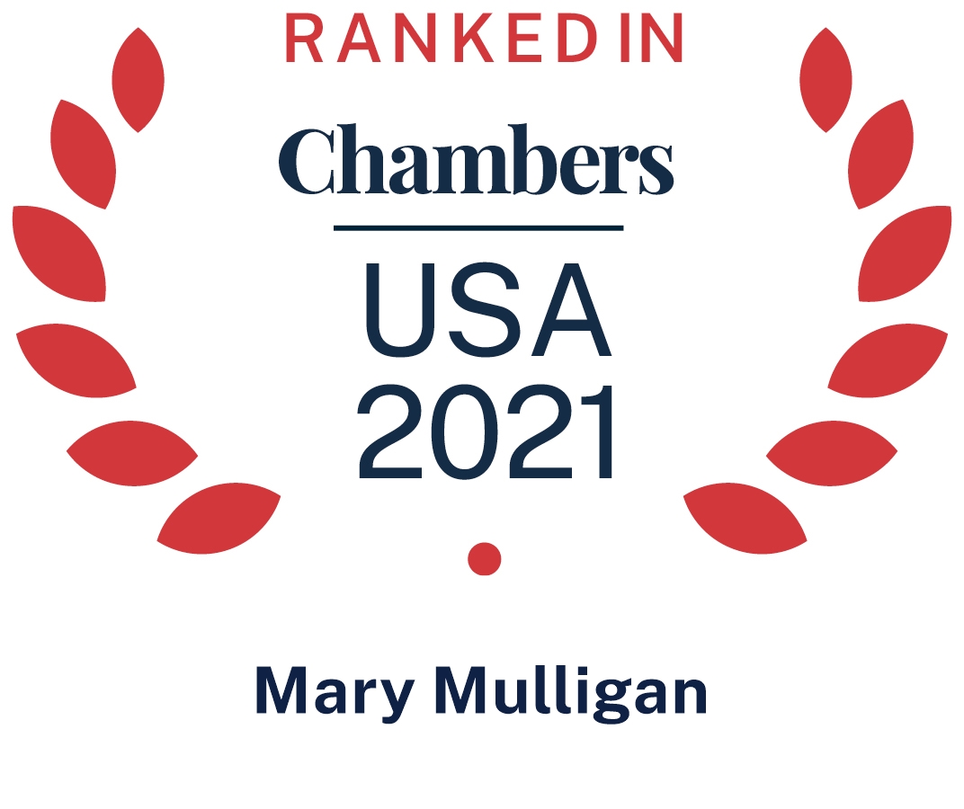 Logo reads "Top Ranked Chambers USA 2021 Mary Mulligan" with red leaves surrounding the words