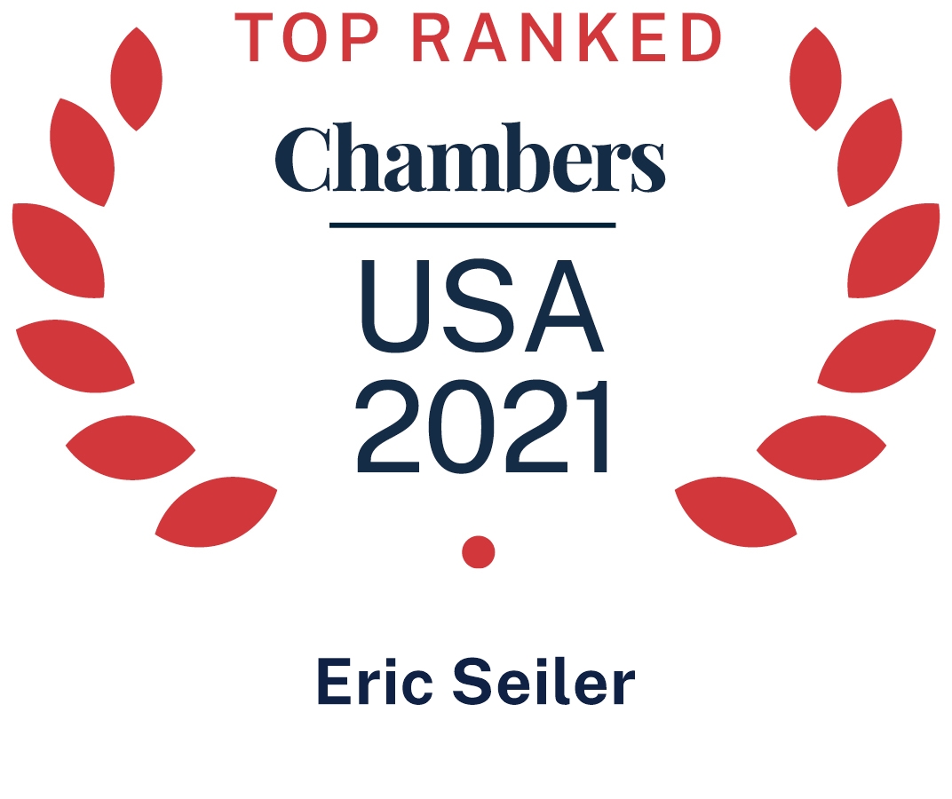 Logo reads "Top Ranked Chambers USA 2021 Eric Seiler" with red leaves surrounding the words